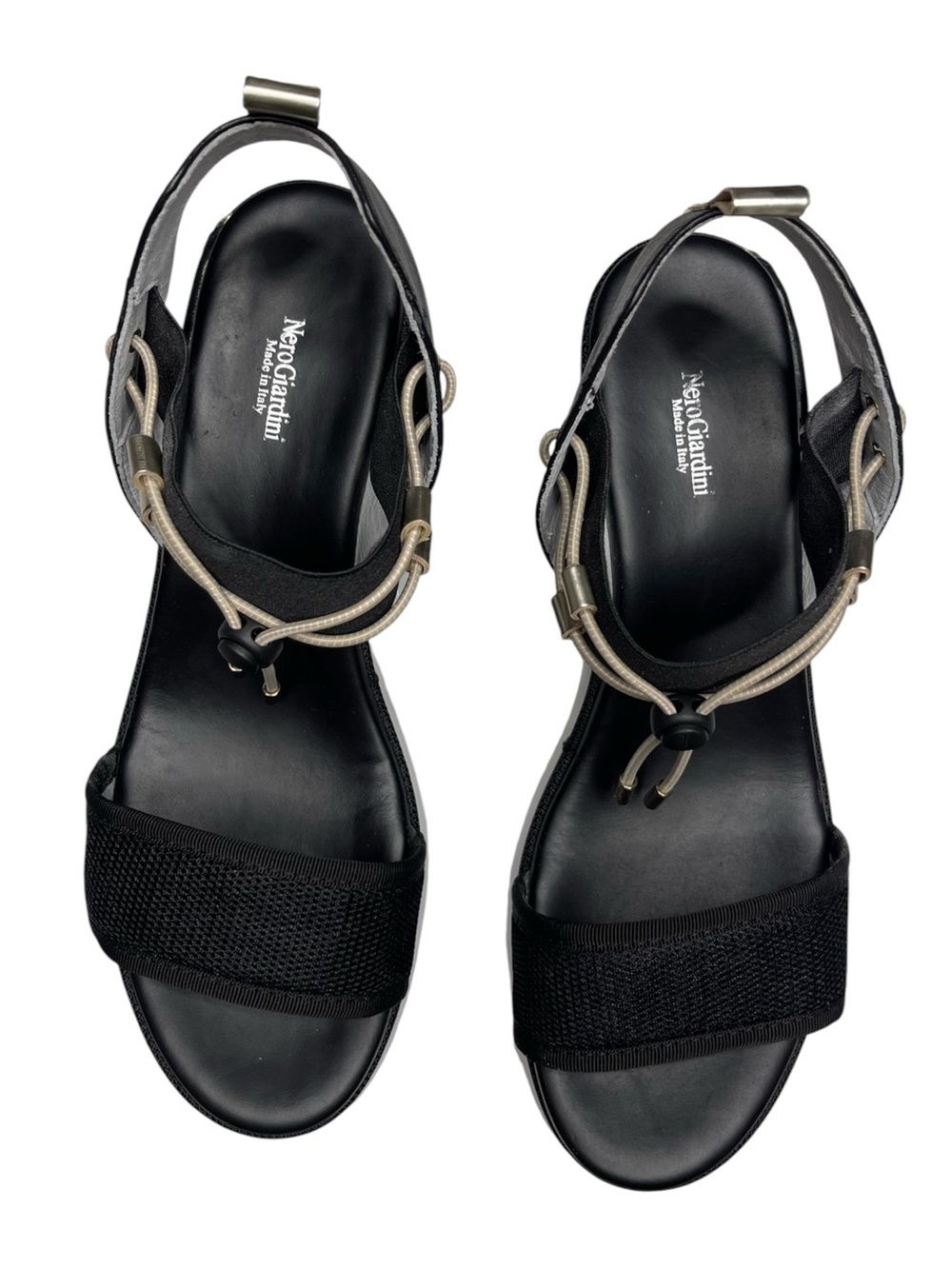 NecroGiardini Black Wedge Sandals with Elastic Ankle Strap and Metallic Accents - Picture 4 of 6